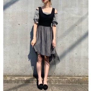 Gingham Check Puff Sleeve Tulle Layered Kawaii Dress from Japan